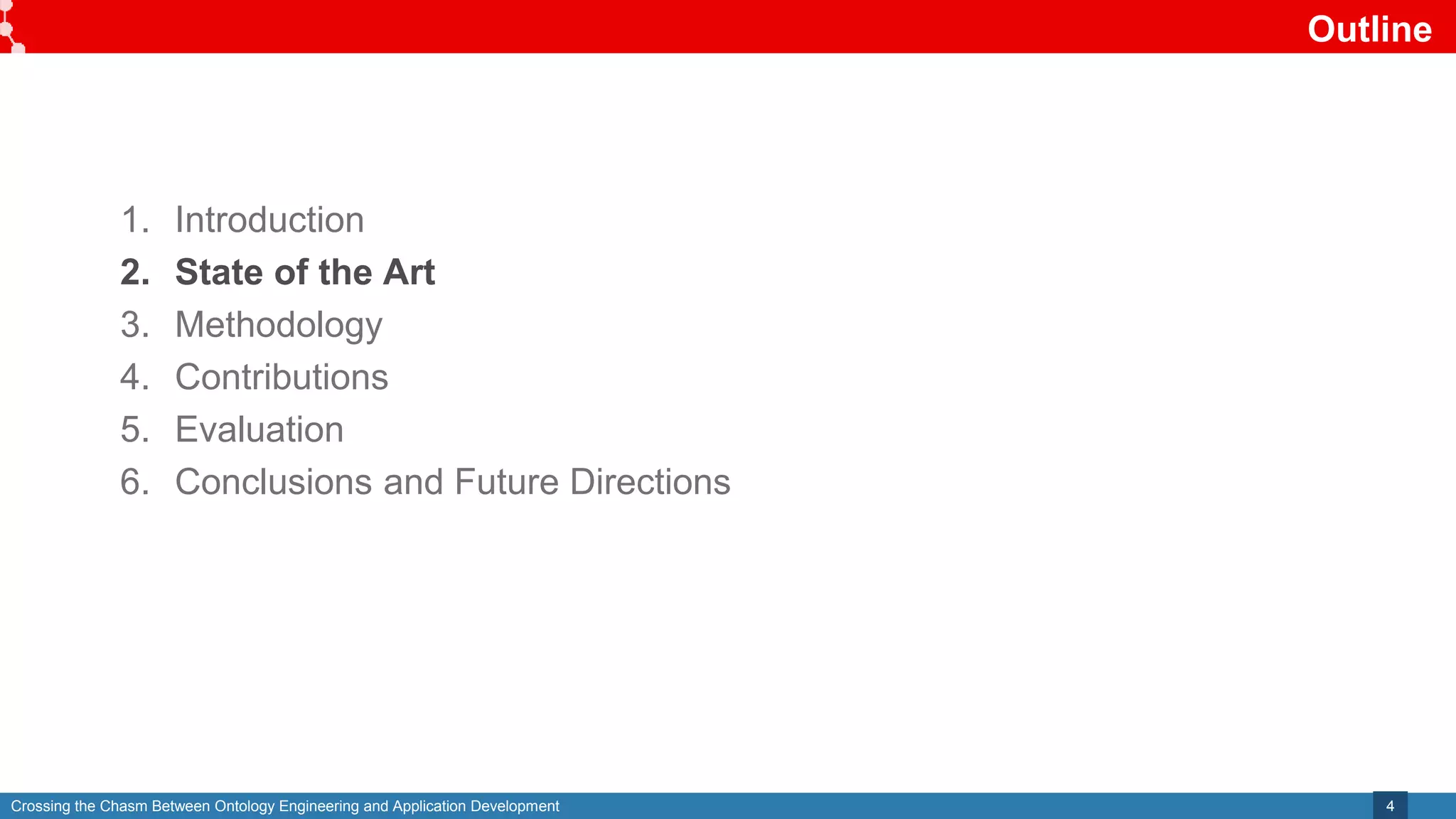 Crossing the Chasm Between Ontology Engineering and Application Development
Outline
4
1. Introduction
2. State of the Art
3. Methodology
4. Contributions
5. Evaluation
6. Conclusions and Future Directions
 