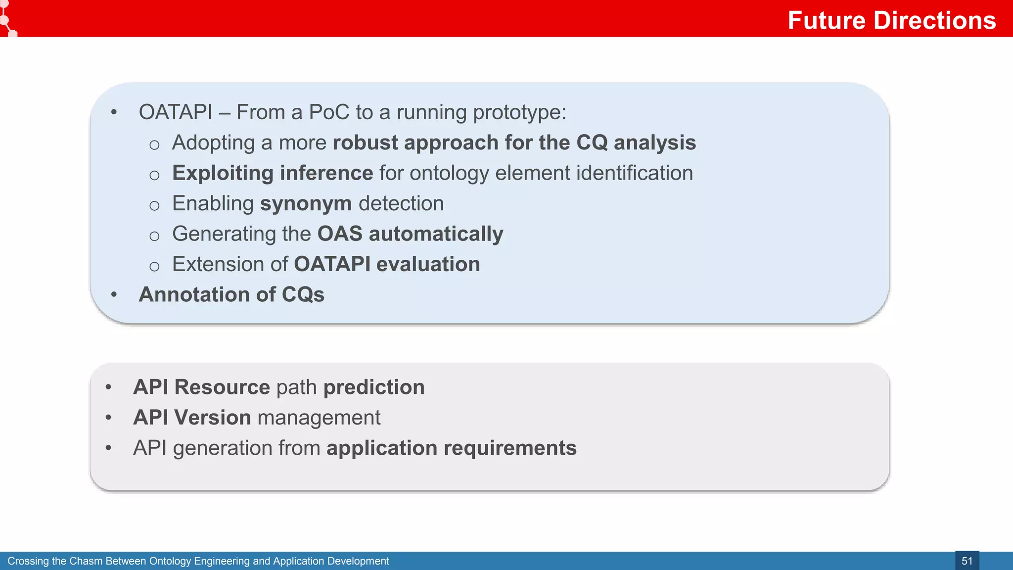 Crossing the Chasm Between Ontology Engineering and Application Development
Future Directions
51
• OATAPI – From a PoC to a running prototype:
o Adopting a more robust approach for the CQ analysis
o Exploiting inference for ontology element identification
o Enabling synonym detection
o Generating the OAS automatically
o Extension of OATAPI evaluation
• Annotation of CQs
• API Resource path prediction
• API Version management
• API generation from application requirements
 