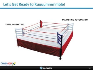 Let’s Get Ready to Ruuuummmmble!


                              MARKETING AUTOMATION

 EMAIL MARKETING




                    #AOWEB                           19
 