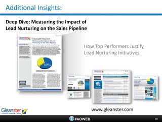 Additional Insights:
Deep Dive: Measuring the Impact of
Lead Nurturing on the Sales Pipeline


                                  How Top Performers Justify
                                  Lead Nurturing Initiatives




                              #AOWEB                           38
 