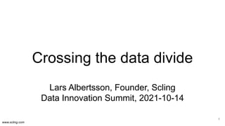 www.scling.com
Crossing the data divide
Lars Albertsson, Founder, Scling
Data Innovation Summit, 2021-10-14
1
 