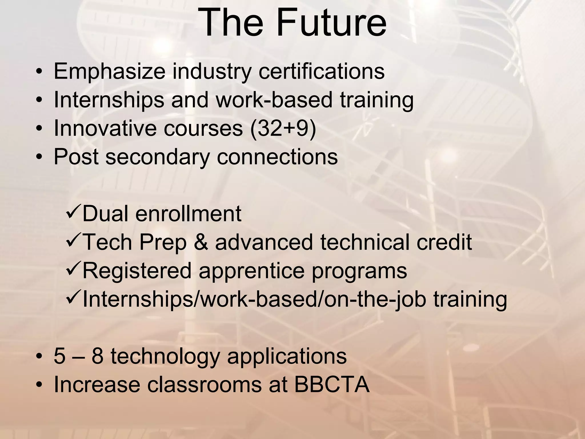 The Future Emphasize industry certifications Internships and work-based training Innovative courses (32+9) Post secondary connections Dual enrollment Tech Prep & advanced technical credit Registered apprentice programs Internships/work-based/on-the-job training 5 – 8 technology applications Increase classrooms at BBCTA 