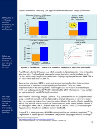 12
Figure 9 summarizes some early HPC application benchmarks across a range of industries.
Figure 9: POWER8 is 1.4 – 2.6 better than alternatives for entire HPC application benchmarks*
NAMD is a Molecular Dynamics code which simulates molecular activities (virus proteins) in
a set time slice. This benchmark measures how many time slices can be simulated per day
(ns/day) and leverages single thread performance, highlighting core performance. POWER8 is
1.4 times better than Intel E5-2680 V3.
Reverse-time migration (RTM) is an accurate seismic imaging algorithm for the complete
wave equation to model very complex geological formations. There are various
implementations of the same algorithm. Numbers provided are based on a client example
RTM code and compares the POWER8 with the Intel E5-2690 V3 processor. These numbers
are representative for most RTM implementations.
The Securities Technology Analysis Center (STAC) A2 benchmark is a risk computation test
using Monte Carlo simulation. It has been used on a variety of systems to show how quickly
they can compute the risk on American-style options. Greater the number of paths modeled in
a fixed time interval, more accurate is the risk measure and hence a more accurate estimate of
the option price. POWER8 is 2.07 times better than 4-X Intel E7-4890 V2 because of higher
frequency more threads/core and faster memory bandwidth.
PostgreSQL is a top open source RDBMS with extensibility and standards-compliance.18
The
large number of threads per core on the POWER8 provides a major performance advantage.19
18
http://blog.jelastic.com/2014/08/28/software-stacks-market-share-july-2014/
19
Deepak Narayana and Mark Nellen, “IBM Power Systems solution for PostgreSQL”, November 2014.
Molecular Dynamics - NAMD apoa1
(greater is better)
1.68 x Performance
0
0.5
1
1.5
2
2.5
3
3.5
Intel E5-2690 V3
2s/24c/2.6GHz
Intel Xeon Haswell
POWER S824
2s/24c/3.9GHz
IBM POWER8
Intel E5-2690 V3
2s/24c/2.6GHz
Intel Xeon Haswell
POWER S822L
2s/24c/3.358GHz
IBM POWER8
0
0.5
1
1.5
2
2.5
3
Seismic – RTM
(greater is better)
2.6 x Performance
PostGreSQL
(higher is better)
2.6x
0.00E+00
5.00E+06
1.00E+07
1.50E+07
2.00E+07
2.50E+07
3.00E+07
STAC A2 – Options Pricing
(greater is better)
2.07 x Performance
MaxPaths(10min)
4 x Intel E7-4890 v2
2.80 GHz /1TB
Intel Ivy Bridge EX
Power S824
2s/24c/3.52GHz/1TB
Nanoseconds/day
POWER8 is 1.4
– 2.6 better
than best
alternatives for
key industry
applications
Industries
include Life
Sciences, Oil
and Gas and
Financial
Services
The large
number of
threads per
core on
POWER8
provides key
advantage for
Databases
 