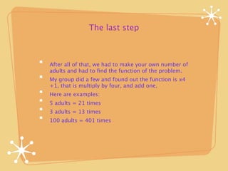 The last step



After all of that, we had to make your own number of
adults and had to ﬁnd the function of the problem.
My group did a few and found out the function is x4
+1, that is multiply by four, and add one.
Here are examples:
5 adults = 21 times
3 adults = 13 times
100 adults = 401 times
 