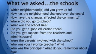 What we asked...the schools 
● Which neighborhood(s) did you grow up in? 
● How has the neighborhood changed over the years? 
● How have the changes affected the community? 
● Where did you go to school? 
● What was the school like? 
● Did you get a good education there? 
● Did you get support from the teachers and 
administrators? 
● Were the parents involved with the school? 
● Who was your favorite teacher? Why? 
● Who was the principal? What do you remember about 
him? 
 
