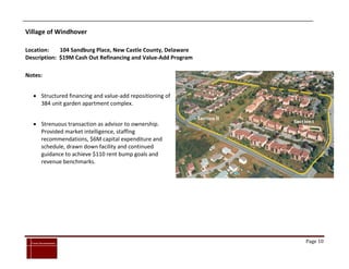 Village of Windhover

Location:    104 Sandburg Place, New Castle County, Delaware
Description: $19M Cash Out Refinancing and Value-Add Program

Notes:


      Structured financing and value-add repositioning of
       384 unit garden apartment complex.


      Strenuous transaction as advisor to ownership.
       Provided market intelligence, staffing
       recommendations, $6M capital expenditure and
       schedule, drawn down facility and continued
       guidance to achieve $110 rent bump goals and
       revenue benchmarks.




`
    Cross Investments                                          Page 10
 