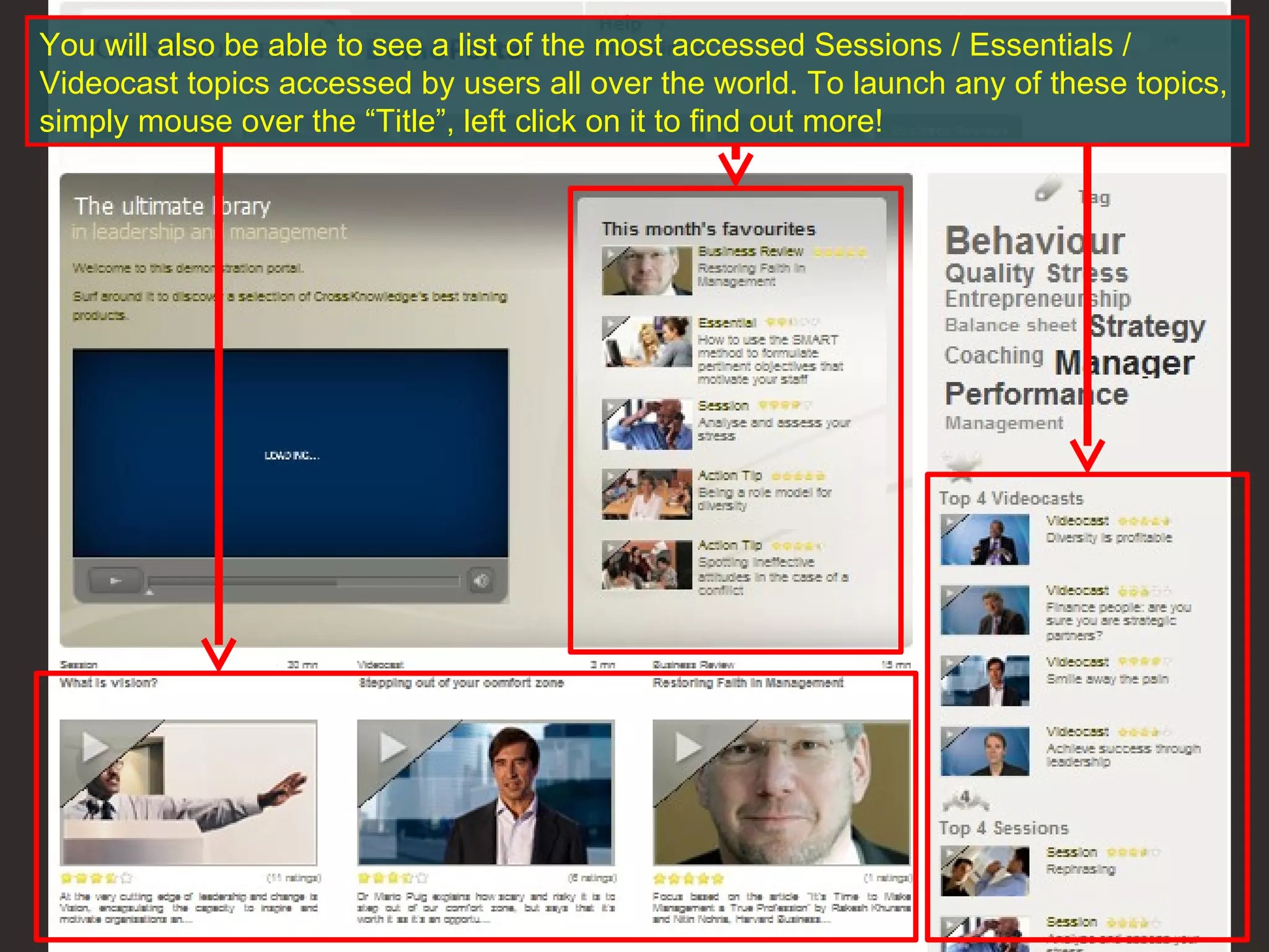 You will also be able to see a list of the most accessed Sessions / Essentials / Videocast topics accessed by users all over the world. To launch any of these topics, simply mouse over the “Title”, left click on it to find out more!  