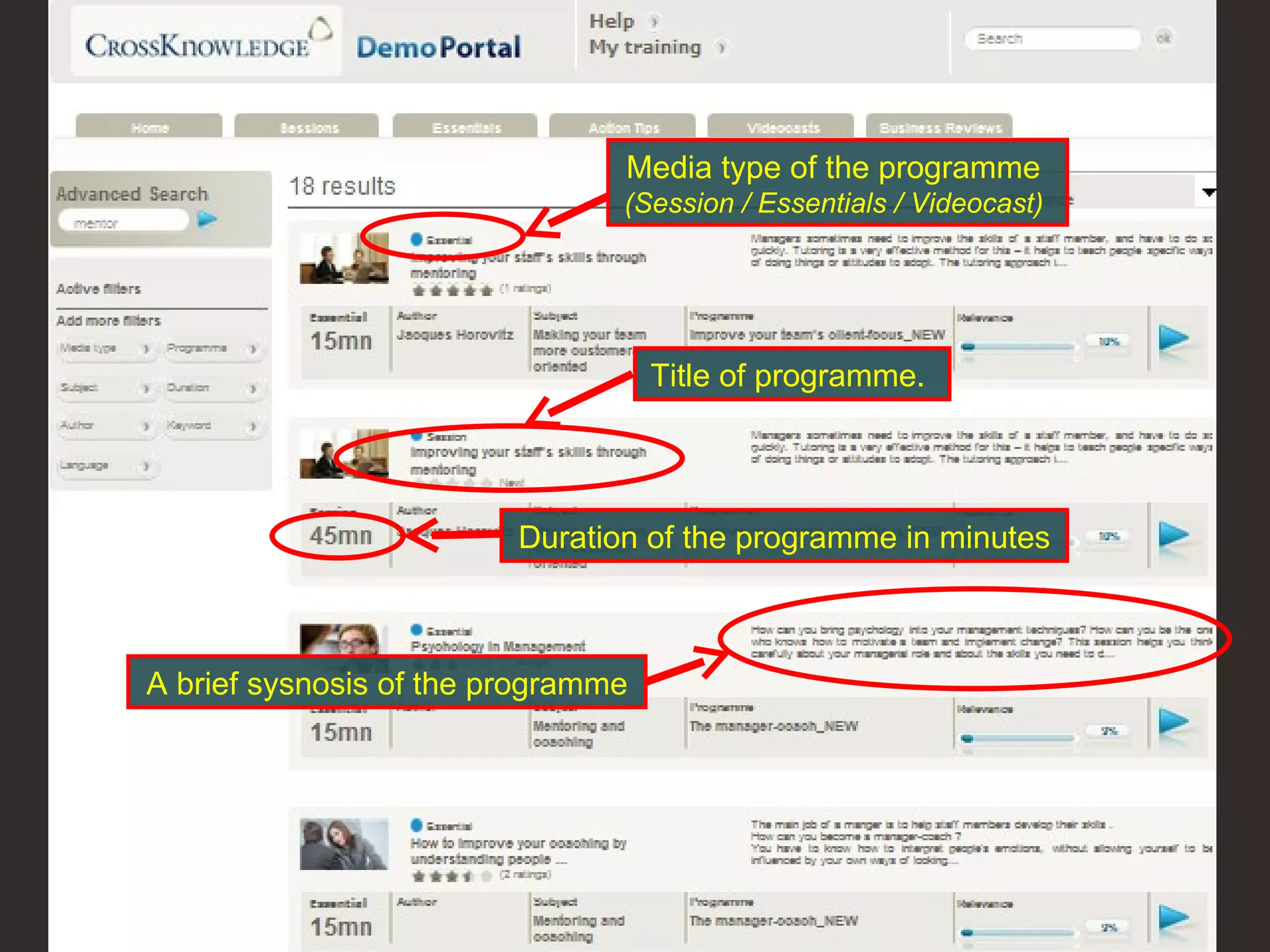 Media type of the programme  (Session / Essentials / Videocast)  Duration of the programme in minutes A brief sysnosis of the programme Title of programme.  