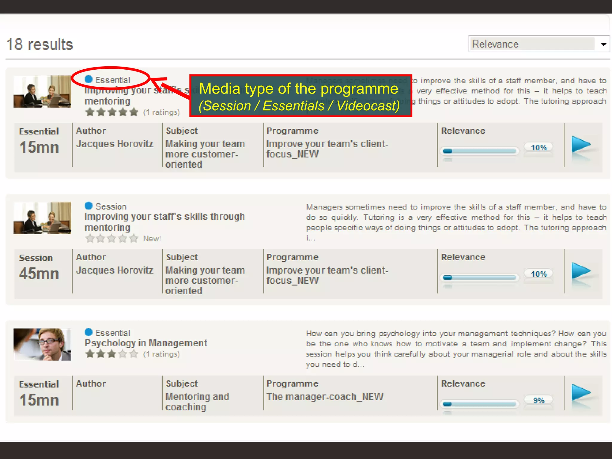 Media type of the programme  (Session / Essentials / Videocast)  