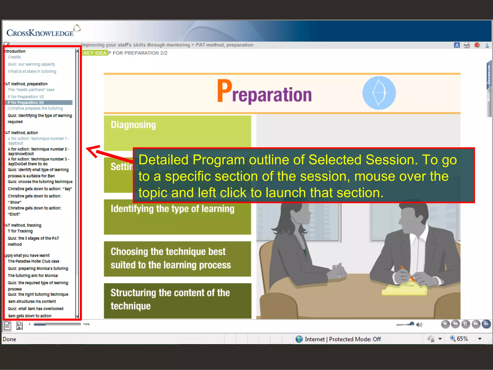 Detailed Program outline of Selected Session. To go to a specific section of the session, mouse over the topic and left click to launch that section.  