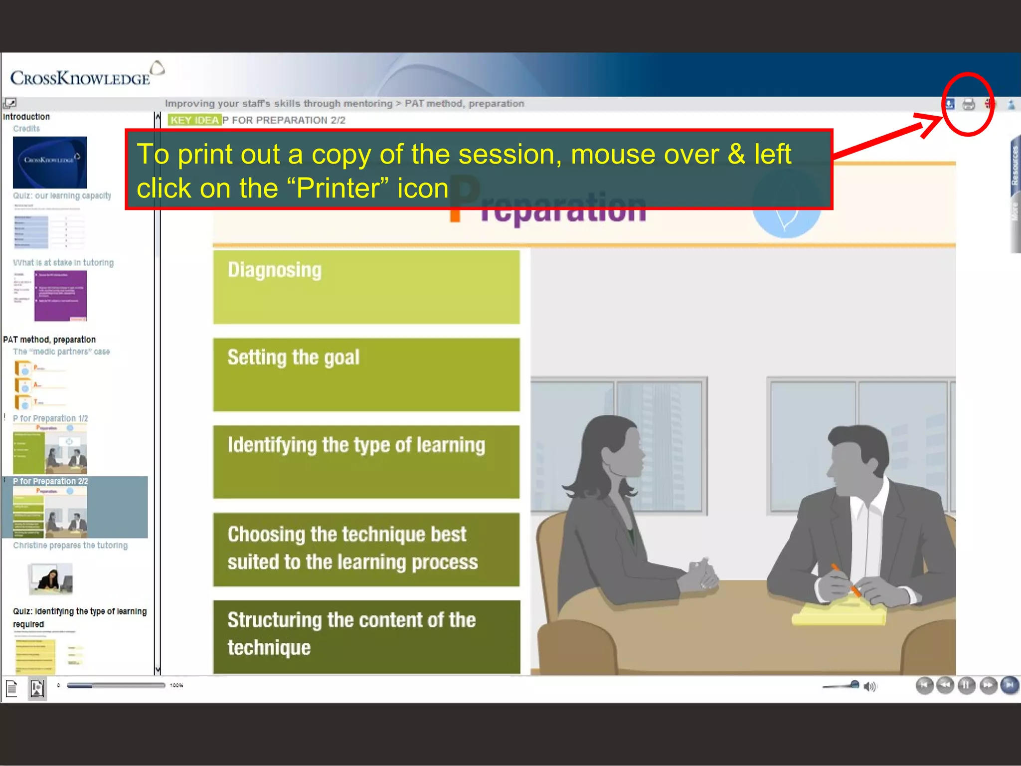 To print out a copy of the session, mouse over & left click on the “Printer” icon 