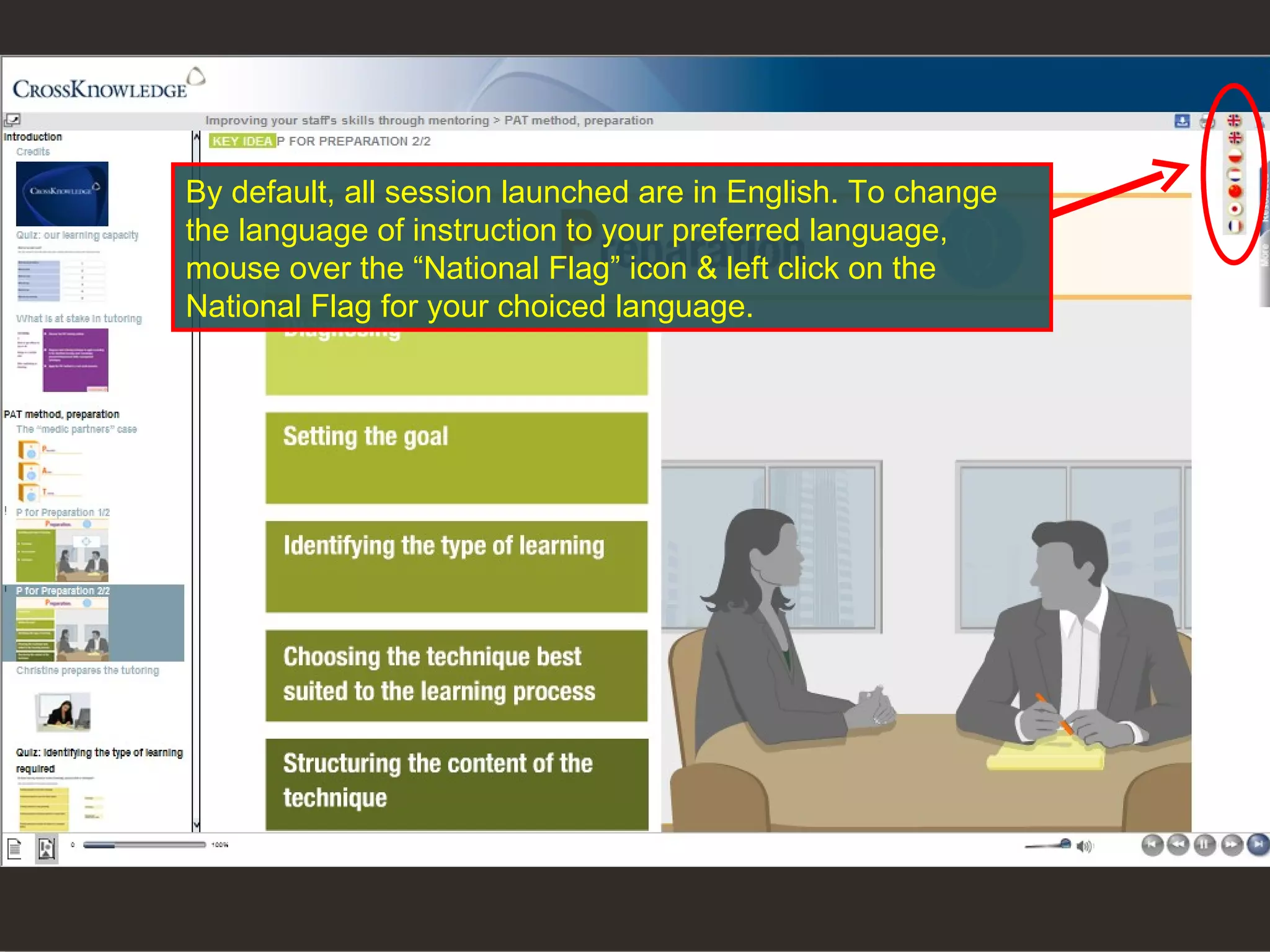 By default, all session launched are in English. To change the language of instruction to your preferred language, mouse over the “National Flag” icon & left click on the National Flag for your choiced language.  