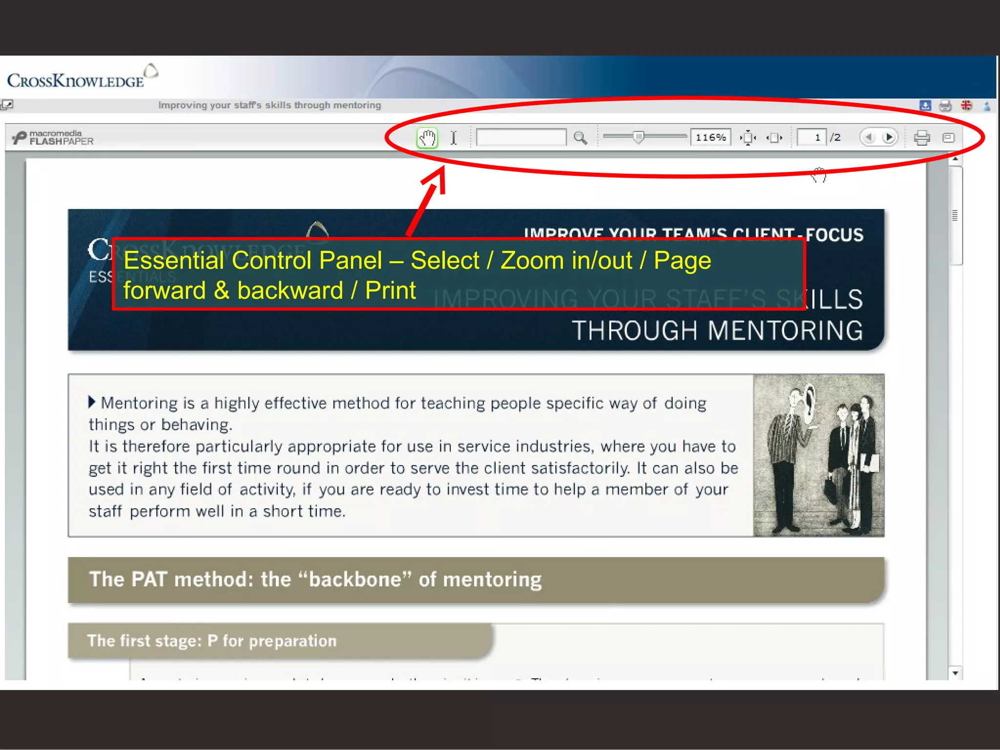 Essential Control Panel – Select / Zoom in/out / Page forward & backward / Print 