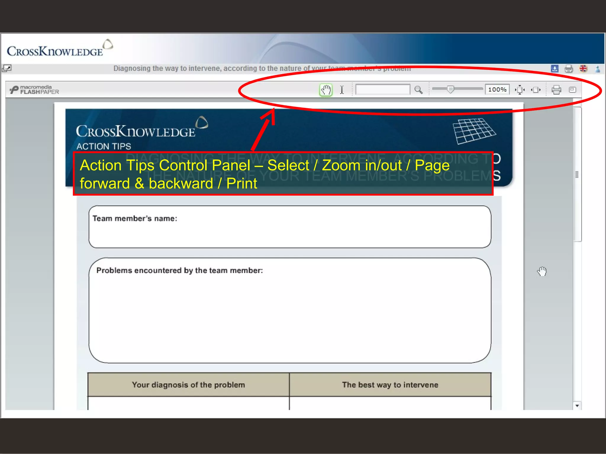 Action Tips Control Panel – Select / Zoom in/out / Page forward & backward / Print 
