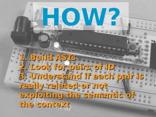 Shared id
1. Build ASTs1. Build ASTs
2. Look for pairs of ID2. Look for pairs of ID
3. Understand if each pair is3. Understand if each pair is
really related or notreally related or not
exploiting the semantic ofexploiting the semantic of
the contextthe context
HOW?
 