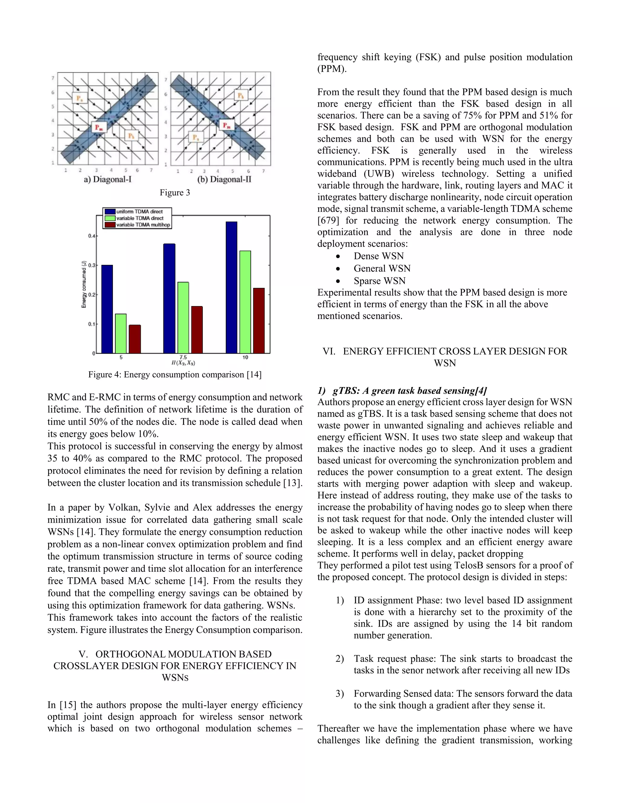 Figure 3
Figure 4: Energy consumption comparison [14]
RMC and E-RMC in terms of energy consumption and network
lifetime. The definition of network lifetime is the duration of
time until 50% of the nodes die. The node is called dead when
its energy goes below 10%.
This protocol is successful in conserving the energy by almost
35 to 40% as compared to the RMC protocol. The proposed
protocol eliminates the need for revision by defining a relation
between the cluster location and its transmission schedule [13].
In a paper by Volkan, Sylvie and Alex addresses the energy
minimization issue for correlated data gathering small scale
WSNs [14]. They formulate the energy consumption reduction
problem as a non-linear convex optimization problem and find
the optimum transmission structure in terms of source coding
rate, transmit power and time slot allocation for an interference
free TDMA based MAC scheme [14]. From the results they
found that the compelling energy savings can be obtained by
using this optimization framework for data gathering. WSNs.
This framework takes into account the factors of the realistic
system. Figure illustrates the Energy Consumption comparison.
V. ORTHOGONAL MODULATION BASED
CROSSLAYER DESIGN FOR ENERGY EFFICIENCY IN
WSNS
In [15] the authors propose the multi-layer energy efficiency
optimal joint design approach for wireless sensor network
which is based on two orthogonal modulation schemes –
frequency shift keying (FSK) and pulse position modulation
(PPM).
From the result they found that the PPM based design is much
more energy efficient than the FSK based design in all
scenarios. There can be a saving of 75% for PPM and 51% for
FSK based design. FSK and PPM are orthogonal modulation
schemes and both can be used with WSN for the energy
efficiency. FSK is generally used in the wireless
communications. PPM is recently being much used in the ultra
wideband (UWB) wireless technology. Setting a unified
variable through the hardware, link, routing layers and MAC it
integrates battery discharge nonlinearity, node circuit operation
mode, signal transmit scheme, a variable-length TDMA scheme
[679] for reducing the network energy consumption. The
optimization and the analysis are done in three node
deployment scenarios:
 Dense WSN
 General WSN
 Sparse WSN
Experimental results show that the PPM based design is more
efficient in terms of energy than the FSK in all the above
mentioned scenarios.
VI. ENERGY EFFICIENT CROSS LAYER DESIGN FOR
WSN
1) gTBS: A green task based sensing[4]
Authors propose an energy efficient cross layer design for WSN
named as gTBS. It is a task based sensing scheme that does not
waste power in unwanted signaling and achieves reliable and
energy efficient WSN. It uses two state sleep and wakeup that
makes the inactive nodes go to sleep. And it uses a gradient
based unicast for overcoming the synchronization problem and
reduces the power consumption to a great extent. The design
starts with merging power adaption with sleep and wakeup.
Here instead of address routing, they make use of the tasks to
increase the probability of having nodes go to sleep when there
is not task request for that node. Only the intended cluster will
be asked to wakeup while the other inactive nodes will keep
sleeping. It is a less complex and an efficient energy aware
scheme. It performs well in delay, packet dropping
They performed a pilot test using TelosB sensors for a proof of
the proposed concept. The protocol design is divided in steps:
1) ID assignment Phase: two level based ID assignment
is done with a hierarchy set to the proximity of the
sink. IDs are assigned by using the 14 bit random
number generation.
2) Task request phase: The sink starts to broadcast the
tasks in the senor network after receiving all new IDs
3) Forwarding Sensed data: The sensors forward the data
to the sink though a gradient after they sense it.
Thereafter we have the implementation phase where we have
challenges like defining the gradient transmission, working
 