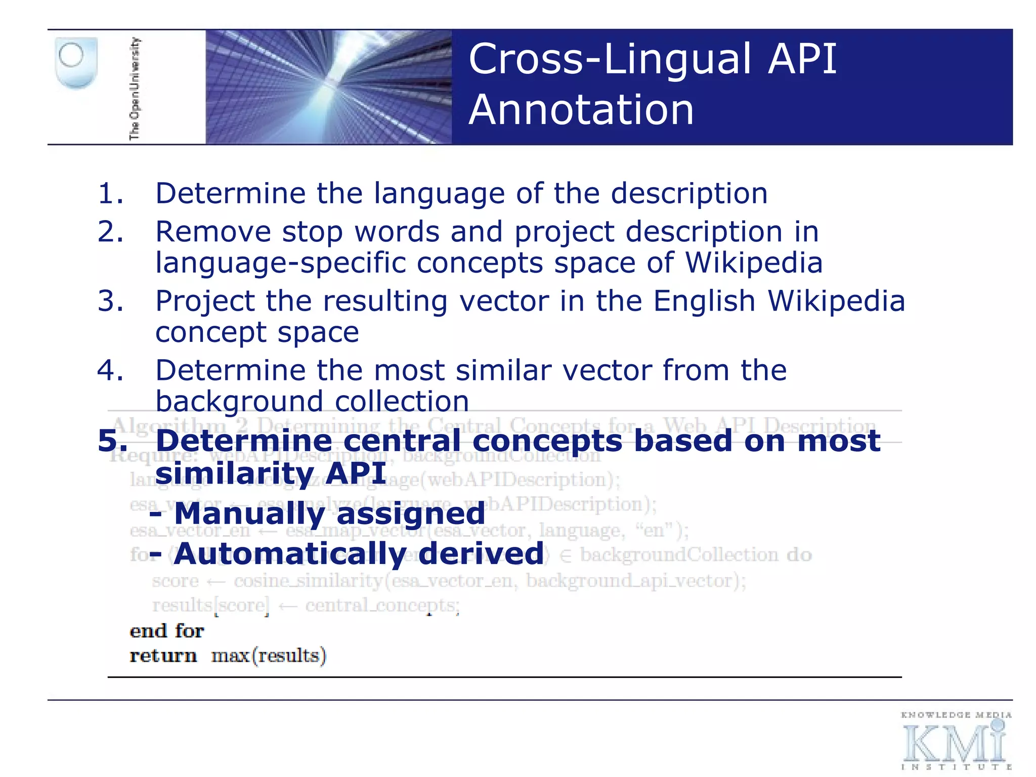 Cross-Lingual API Annotation Determine the language of the description Remove stop words and project description in language-specific concepts space of Wikipedia  Project the resulting vector in the English Wikipedia concept space Determine the most similar vector from the background collection Determine central concepts based on most similarity API - Manually assigned - Automatically derived 