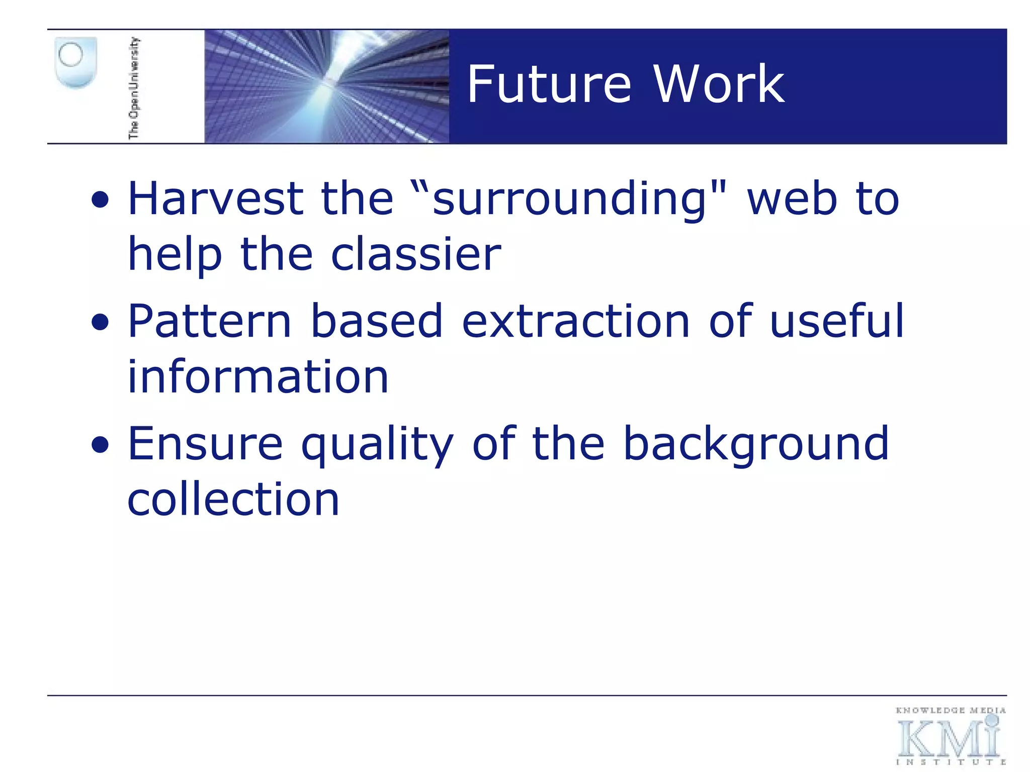 Future Work Harvest the  “surrounding" web to help the classier Pattern based extraction of useful information Ensure quality of the background collection 