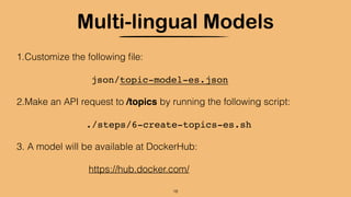 Multi-lingual Models
1.Customize the following ﬁle:
json/topic-model-es.json
2.Make an API request to /topics by running the following script:
./steps/6-create-topics-es.sh
3. A model will be available at DockerHub:
https://hub.docker.com/
18
 