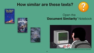 How similar are these texts?
48
Open the
‘Document Similarity’ Notebook
https://hackernoon.com/is-coding-becoming-obsolete-part-ii-d24a91f0a65b
 
