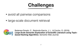 Challenges
• avoid all pairwise comparisons
• large-scale document retrieval
51
Badenes-Omedo, C., Redondo-García, J. L., & Corcho, O. (2019).
Large-Scale Semantic Exploration of Scientific Literature using Topic-
based Hashing Algorithms. Semantic Web Journal.
 