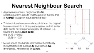 Nearest Neighbour Search
• Approximate nearest neighbour (ANN)
search algorithm aims to ﬁnd the point in the tree that
is nearest to a given input point (kd-tree)
• This technique transforms data points from the original
feature space into a binary-code space, so that similar
data points have larger probability of collision (i.e.
having the same hash-code)
e.g. (4,7) -> 010/2
(9,6) -> 100/1
• Metric space can handle information-theoretically
motivated metrics such as JS divergence, KL
divergence, He distance or S2JSD.
53
 