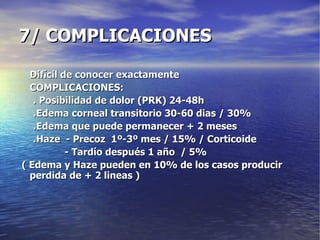 7/ COMPLICACIONES Difícil de conocer exactamente COMPLICACIONES: . Posibilidad de dolor (PRK) 24-48h .Edema corneal transitorio 30-60 dias / 30% .Edema que puede permanecer + 2 meses .Haze  - Precoz  1º-3º mes / 15% / Corticoide - Tardío después 1 año  / 5% ( Edema y Haze pueden en 10% de los casos producir perdida de + 2 lineas ) 