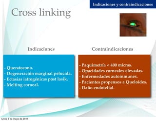 Indicaciones y contraindicaciones

        Cross linking


                      Indicaciones            Contraindicaciones


                                        - Paquimetría < 400 micras.
  - Queratocono.
                                        - Opacidades corneales elevadas.
  - Degeneración marginal pelucida.
                                        - Enfermedades autoinmunes.
  - Ectasias iatrogénicas post lasik.
                                        - Pacientes propensos a Queloides.
  - Melting corneal.
                                        - Daño endotelial.




lunes 9 de mayo de 2011
 