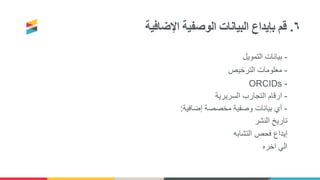 ٦.‫اإلضافية‬ ‫الوصفية‬ ‫البيانات‬ ‫بإيداع‬ ‫قم‬
-‫التمويل‬ ‫بيانات‬
-‫الترخيص‬ ‫معلومات‬
ORCIDs -
-‫السريرية‬ ‫التجارب‬ ‫ارقام‬
-‫إضافية‬ ‫مخصصة‬ ‫وصفية‬ ‫بيانات‬ ‫أي‬:
‫النشر‬ ‫تاريخ‬
‫التشابه‬ ‫فحص‬ ‫إيداع‬
‫اخره‬ ‫الي‬
 