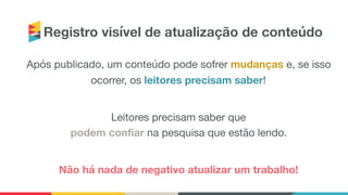 Registro visível de atualização de conteúdo
Após publicado, um conteúdo pode sofrer mudanças e, se isso
ocorrer, os leitores precisam saber!

Leitores precisam saber que 
podem confiar na pesquisa que estão lendo. 

Não há nada de negativo atualizar um trabalho!
 