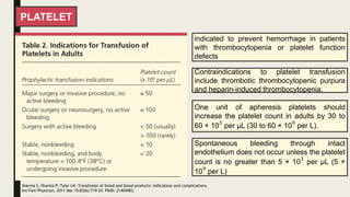 PLATELET
indicated to prevent hemorrhage in patients
with thrombocytopenia or platelet function
defects
Contraindications to platelet transfusion
include thrombotic thrombocytopenic purpura
and heparin-induced thrombocytopenia.
One unit of apheresis platelets should
increase the platelet count in adults by 30 to
60 × 103
per μL (30 to 60 × 109
per L).
Spontaneous bleeding through intact
endothelium does not occur unless the platelet
count is no greater than 5 × 103
per μL (5 ×
109
per L)
Sharma S, Sharma P, Tyler LN. Transfusion of blood and blood products: indications and complications.
Am Fam Physician. 2011 Mar 15;83(6):719-24. PMID: 21404983.
 