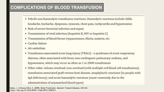 COMPLICATIONS OF BLOOD TRANSFUSION
Bates, I., & Owusu-Ofori, S. (2009). Blood Transfusion. Manson's Tropical Diseases, 229–234.
https://doi.org/10.1016/B978-1-4160-4470-3.50018-5
 