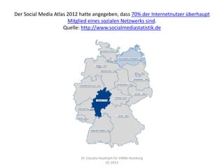 Der Social Media Atlas 2012 hatte angegeben, dass 70% der Internetnutzer überhaupt
                       Mitglied eines sozialen Netzwerks sind.
                     Quelle: http://www.socialmediastatistik.de




                            Dr. Claudia Heydolph für EMBA Hamburg
                                            01-2013
 