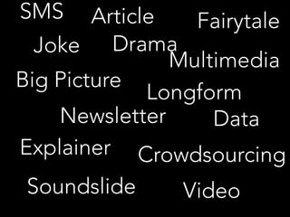 Fairytale 
Article 
Joke Drama 
Multimedia 
Longform 
Data 
Crowdsourcing 
SMS 
Big Picture 
Newsletter 
Explainer 
Soundslide Video 
 