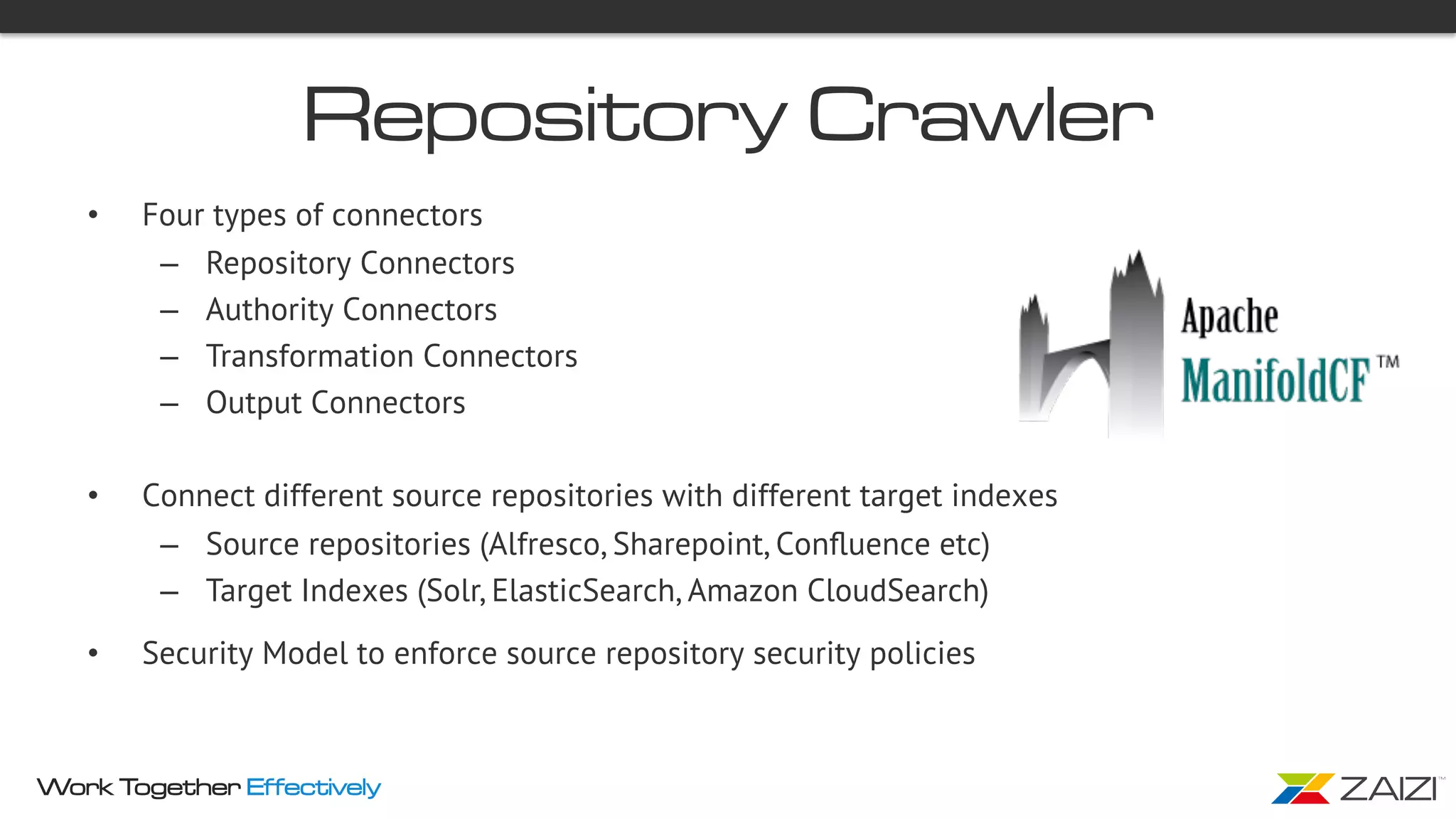 Work Together Effectively
Repository Crawler
•  Four types of connectors
–  Repository Connectors
–  Authority Connectors
–  Transformation Connectors
–  Output Connectors
•  Connect different source repositories with different target indexes
–  Source repositories (Alfresco, Sharepoint, Conﬂuence etc)
–  Target Indexes (Solr, ElasticSearch, Amazon CloudSearch)
•  Security Model to enforce source repository security policies
 