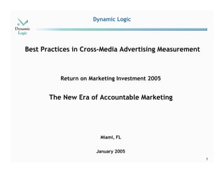 Dynamic Logic




Best Practices in Cross-Media Advertising Measurement



          Return on Marketing Investment 2005


       The New Era of Accountable Marketing




                       Miami, FL


                      January 2005
                                                        1
 
