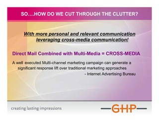 SO….HOW DO WE CUT THROUGH THE CLUTTER?



      With more personal and relevant communication
           leveraging cross-media communication!

Direct Mail Combined with Multi-Media = CROSS-MEDIA
A well executed Multi-channel marketing campaign can generate a
   significant response lift over traditional marketing approaches
                                            - Internet Advertising Bureau
 
