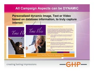 All Campaign Aspects can be DYNAMIC

Personalized dynamic Image, Text or Video
based on database information, to truly capture
interest
 