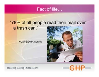 Fact of life…

“78% of all people read their mail over
  a trash can.”

    -USPS/DMA Survey
 