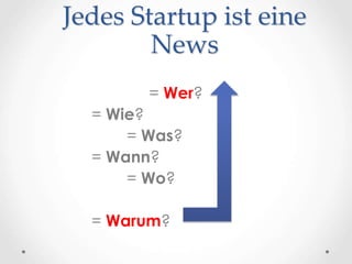Jedes Startup ist eine 
News 
= Wer? 
= Wie? 
= Was? 
= Wann? 
= Wo? 
= Warum? 
 