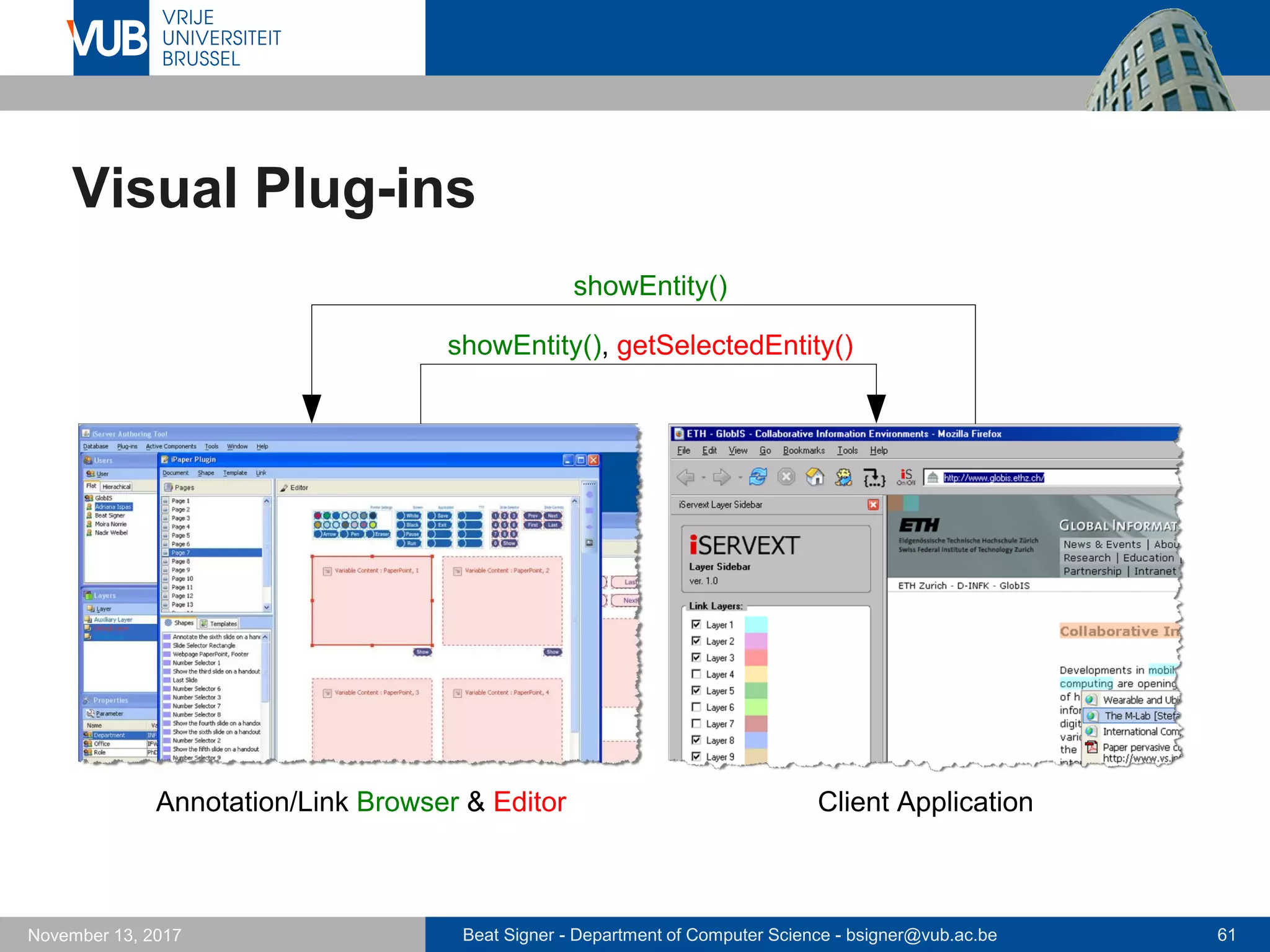 Beat Signer - Department of Computer Science - bsigner@vub.ac.be 61November 13, 2017
Visual Plug-ins
Annotation/Link Browser & Editor Client Application
showEntity(), getSelectedEntity()
showEntity()
 