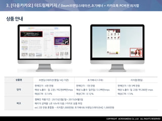 3. [다음카카오] 더드림패키지 / Daum브랜딩스테이션,초기배너 + 카카오톡 PC버전 리치팝
상품안내
상품명 브랜딩스테이션(평일/ 4Q 기준) 초기배너(1구좌) 리치팝(평일)
단가
판매단가 : 4천 만원
예상 노출수 : 일 고정 / 약2천8백만imps
예상CTR : 0.14%
판매단가 : 1천 만원
예상 노출수: 일주일 / 3.3백만imps
예상CTR : 0.12%
판매단가: 1천 5백 만원
예상 노출수: 일 고정/ 약 280만 imps
예상CTR: 1.5%
비고
캠페인 적용기간 : 2015년2월2일~ 2015년4월5일
패키지 금액을 ½로 나누어 다음 / 카카오 상품 부킹
ex) 2천 만원 혼합형→ 리치팝1,000만원/ 초기배너& 브랜딩스테이션4Q 1,000만원
 
