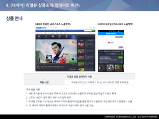 4. [네이버] 리얼뷰 상품소개(업데이트 버전)
상품안내
리얼뷰 상품 업데이트 사항
적용 시일 모바일 2015.02.10이후 / PC는 2015.03.02 주중 부터 예정
주요 변동 사항
1. 새로 추가된 영역의 리얼뷰 구매 시 스포츠 VOD에도 노출되며 모바일 일반 화질까지 광고 확대
2. 스포츠 VOD의 경우 광고 세부 스펙 일부 상이
3. 모바일 고화질 이상 재생은 네이버 미디어 플레이어(앱)을 통해 광고가 노출되어, 모든 안드로이드 단말에서 노출
4. PC 네이버 미디어 플레이어에서 TV캐스트 재생 시에도 광고 노출 가능
<네이버 온라인 VOD스포츠 노출영역> <네이버 모바일 VOD스포츠 노출영역>
 