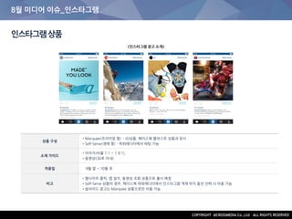 8월 미디어 이슈_인스타그램
인스타그램상품
상품 구성
•Marquee(프리미엄 형) - IO상품, 페이스북 블라스트 상품과 유사
•Self-Serve(경매 형) – 파워에디터에서 세팅 가능
소재 가이드
•이미지(비율 1:1 ~ 1.9:1),
•동영상(30초 이내)
적용일 9월 말 ~ 10월 초
비고
•웹사이트 클릭, 앱 설치, 동영상 조회 상품으로 출시 예정
•Self-Serve 상품의 경우, 페이스북 파워에디터에서 인스타그램 게재 위치 옵션 선택 시 이용 가능
•슬라이드 광고는 Marquee 상품으로만 이용 가능
<인스타그램 광고 소개>
 