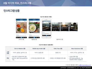 8월 미디어 이슈_인스타그램
인스타그램상품
Click to Website 상품 Mobile App Installs 상품 Video View 상품 Mass Awareness 상품
소재
유형
이미지, 동영상, 슬라이드 형 이미지, 동영상 형 동영상 형 이미지, 비디오, 슬라이드 형
특징
•외부 페이지 랜딩을 위한 상품
•슬라이드 형은 Marquee에서만
가능
•모바일 앱 설치를 위한 상품 •동영상 스토리텔링을 위한 상품
•노출 보장형 상품
•모두 Marquee에서만 가능
(파워에디터에서 이용 불가)
<인스타그램 광고 상품 종류>
• 인스타그램 광고 문의 ms@crossmedia.co.kr
[이미지 형] [동영상 형] [슬라이드 형]
<인스타그램 광고 유형>
 