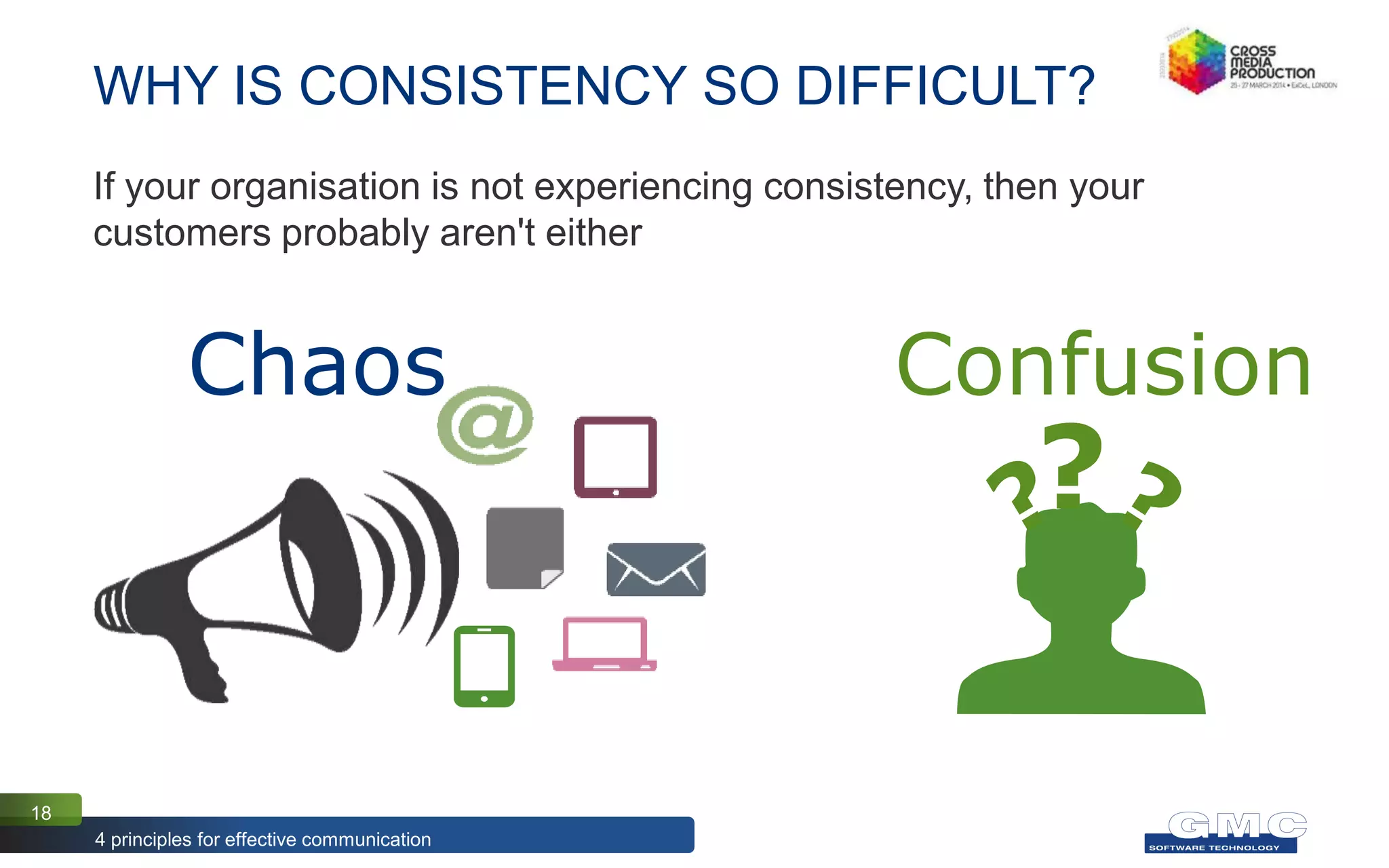 WHY IS CONSISTENCY SO DIFFICULT?
If your organisation is not experiencing consistency, then your
customers probably aren't either
4 principles for effective communication
18
Chaos Confusion
?
 