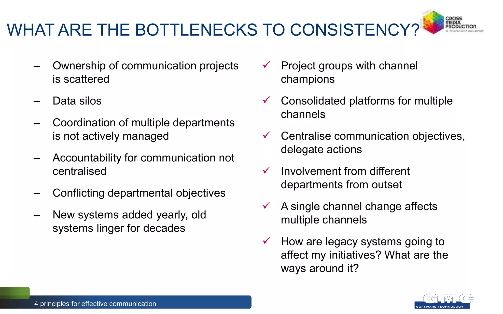 WHAT ARE THE BOTTLENECKS TO CONSISTENCY?
– Ownership of communication projects
is scattered
– Data silos
– Coordination of multiple departments
is not actively managed
– Accountability for communication not
centralised
– Conflicting departmental objectives
– New systems added yearly, old
systems linger for decades
 Project groups with channel
champions
 Consolidated platforms for multiple
channels
 Centralise communication objectives,
delegate actions
 Involvement from different
departments from outset
 A single channel change affects
multiple channels
 How are legacy systems going to
affect my initiatives? What are the
ways around it?
4 principles for effective communication
 