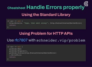 Cheatsheet Handle Errors properly
Using the Standard Library
Using Problem forHTTPAPIs
Use with schneider.vip/problem
if err != nil {
http.Error(w, "Oops, that went wrong!", http.StatusInternalServerError)
return
}
rfc7807
if err != nil {
problem.New(
problem.Wrap(err),
problem.Status(http.StatusInternalServerError)
).WriteTo(w)
return
}
 