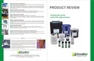 PRODUCT REVIEWPRODUCT REVIEW
Incorporated in 2010, CrossNet manufactures, markets & distributes a complete
range of lubricant specialties, maintenance products & corrosion protection etc.
Our products exceed the most challenging needs of the modern industry and are
designed to perform in the most extreme conditions. These often demonstrate
broad applicability & replace hundreds of purpose-formulated conventional oils
and greases throughout the industry.
Headquartered at central business district at Navi Mumbai, we are present at
most of the industrial estates in the country through our channel partners and
our application engineers, who support them.
About usAbout us
High Temperature Chain Oils
Problem:
Solution:
Chain oil does not withstand high temperatures. It drips on the components, leads to chain wear,
frequent breakdowns & component rejections.
Use IT-7486 by drip/spray dispensing system. IT-7486 is stable at high temperatures & provides
best combination of synthetic oils, tack additives and EP additives. It protects against wear. Adherent
additives prevent drop-off & spin off. It is also resistant to chemical fumes. It leaves no residues and there is
no build-up of lacquers.
High Performance Gear Oils
Problem:
Solution:
Frequent change-over of oil, excessive wear, pitting & galling of the gear teeth.
IT-4000 series gear oils are formulated with new generation additives that heals the surface.
It helps reduce the temperature and increases the change-over intervals significantly.
High Temperature Greases
Problem:
Solution:
Bearings fail pre-maturely; frequent lubrication and costly maintenance.
Use IT-4311. This grease formulation is based on synthetic stocks and stable thickeners.
Longer re-lubrication intervals can be achieved. The greases are extremely stable at high temperature and
protect against wear.
Plastic Injection Moulding
Problem:
Solution:
Lubrication failure & premature wear of the ejector pins, grease for the tie-rods/tie bars. Seizing of
the high temperature screwed connections etc. Mould protection coatings & high performance cleaners for
the moulds.
A complete package of the high performance long-life lubricants & maintenance products designed
esp. for the plastic injection industry is available.
Multi-functional Fluid
Problem:
Solution:
Dismantling of seized & rusted components, moisture that creeps in the electrical circuits.
Use IT-1094 It acts in six ways; loosens rust, restores wet electrical contacts, displaces moisture,
provides mild lubrication and protects against corrosion.
Online Precision Electrical Electronic Cleaner Spray
Build up of oxide/sulphide and carbon deposits; Circuits need to be isolated prior to cleaning.
Cannot use any solvent due to its unknown compatibility with plastics & elastomers.
Use IT-1100 It is certified on-line cleaner which is safe to use till 440 V. Safe on most of the
plastics. Cleans without leaving any residues.
Problem:
Solution:
helping you easily
select the right product
helping you easily
select the right product
#58, Maruti Paradise, Sector 15, CBD Belapur, Navi Mumbai - 400 614
Tel. No.- +91 22 3298 6820 / +91 22 2757 0020 Fax No - +91 22 2756 4748
E-mail - sales@cnpl.in Web - www.cnpl.in
 