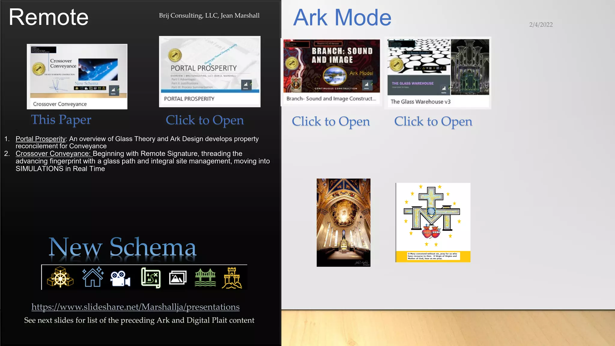 Remote 2/4/2022
Brij Consulting, LLC, Jean Marshall
https://www.slideshare.net/Marshallja/presentations
See next slides for list of the preceding Ark and Digital Plait content
1. Portal Prosperity: An overview of Glass Theory and Ark Design develops property
reconcilement for Conveyance
2. Crossover Conveyance: Beginning with Remote Signature, threading the
advancing fingerprint with a glass path and integral site management, moving into
SIMULATIONS in Real Time
This Paper Click to Open Click to Open Click to Open
Ark Mode
 